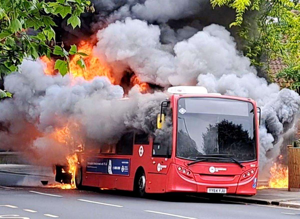 Watch Fire rages through bus as 30 firefighters tackle blaze